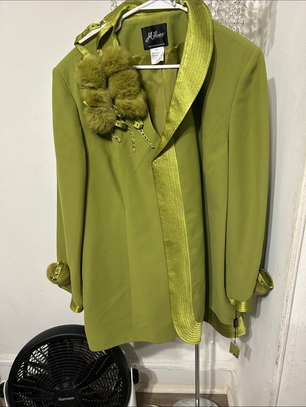 Milano Chartreuse Women's  Set Blazer with Satin Trim and Pom Accents and Skirt